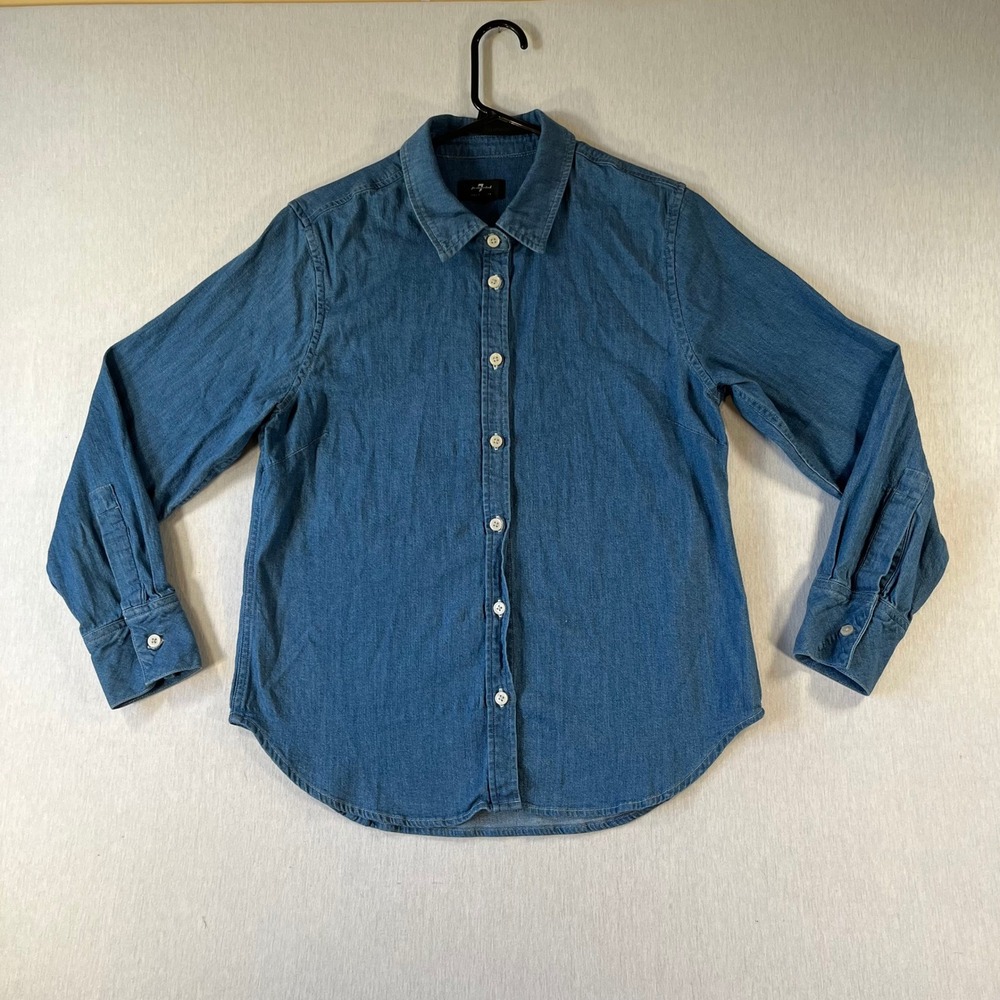 7 For All Mankind Womens Small Denim Button Down Shirt Medium Wash Blue